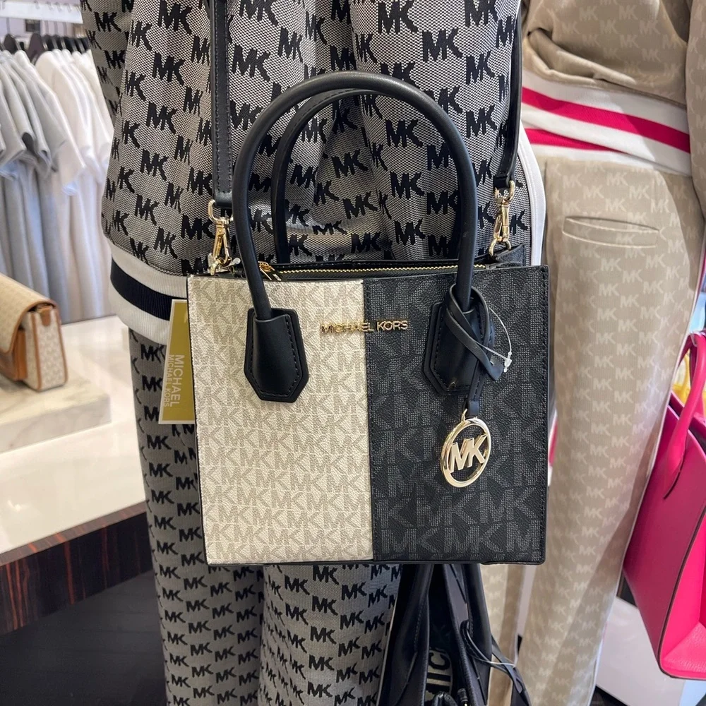 Michael Kors Mercer Md Two-Tone Logo Crossbody Messenger Black Multi Purse NWT